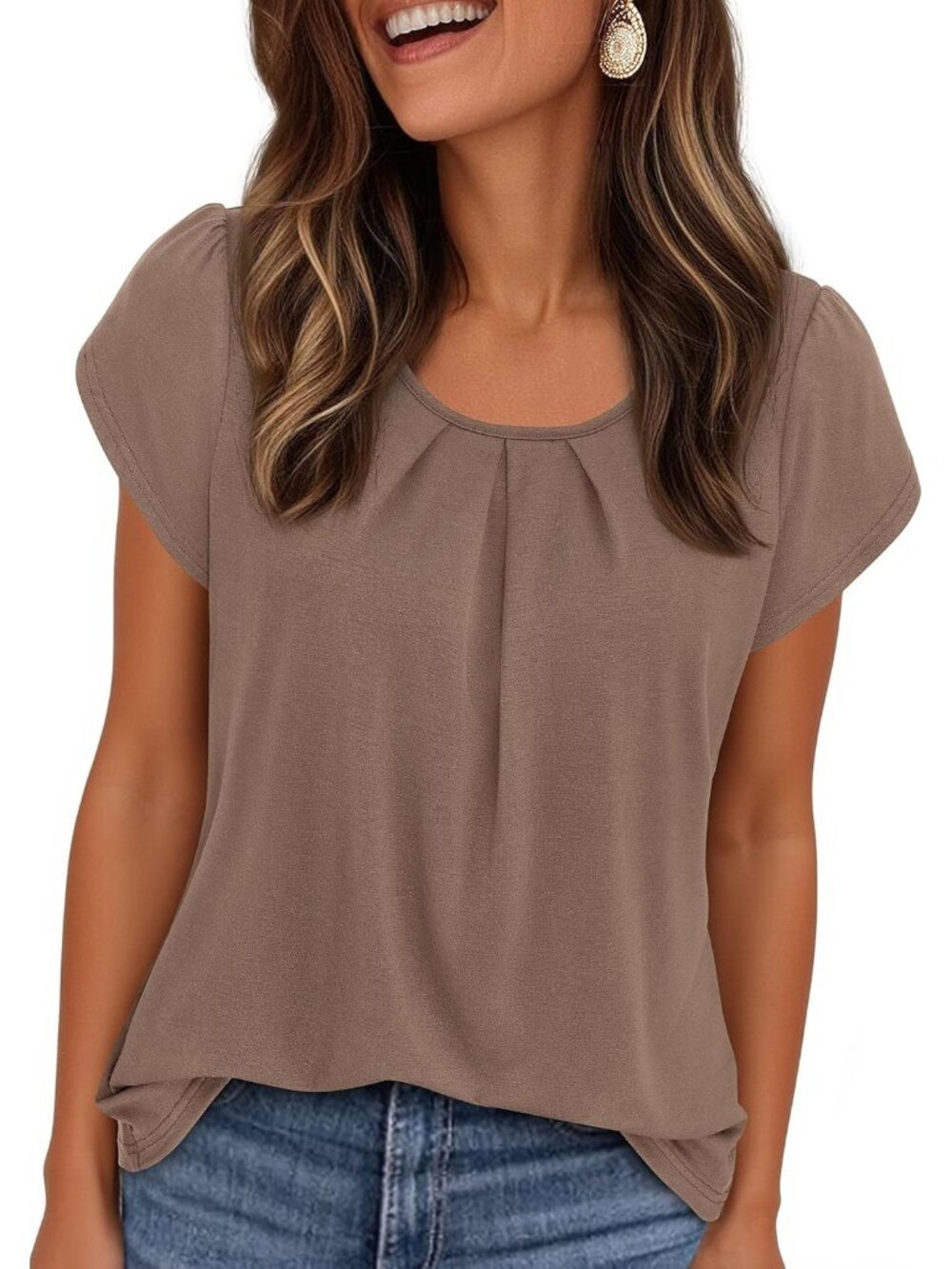 Women's Khaki Short Sleeve Pull On Crew Neck Casual Tops Imported T Shirts